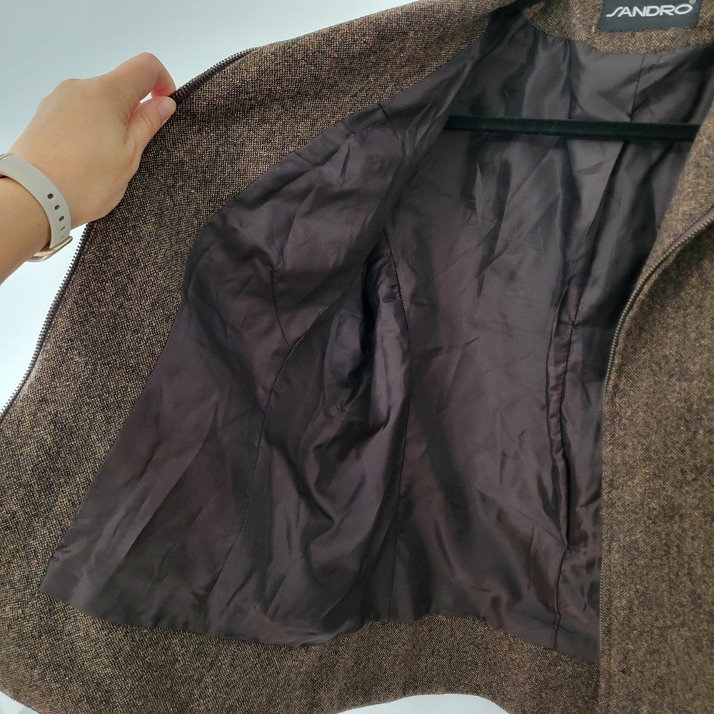 Sandro Women's Brown Tweed Wool Blazer Jacket Size 16 Minimal Classic Vintage - Picture 9 of 14